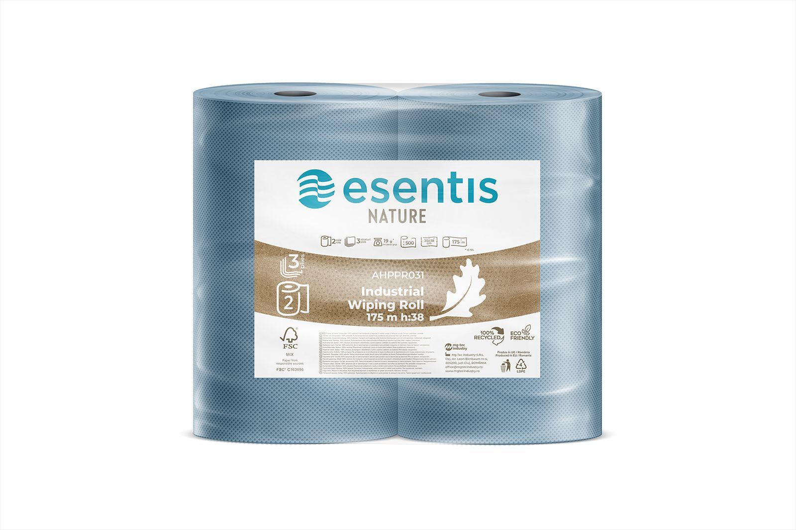 PROFESSIONAL TOWEL ESENTIS-CARE BLUE 2-PLY, 2 ROLLS, 500 SHEETS - 175M / H=380