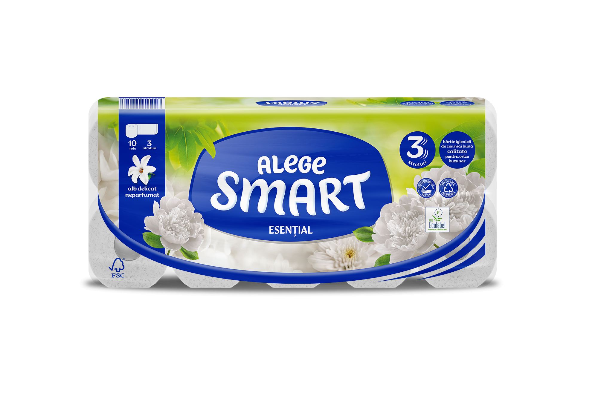 TOILET PAPER SMART-ESSENTIAL WHITE 3-PLY, 10 ROLLS, 120 SHEETS - 14M
