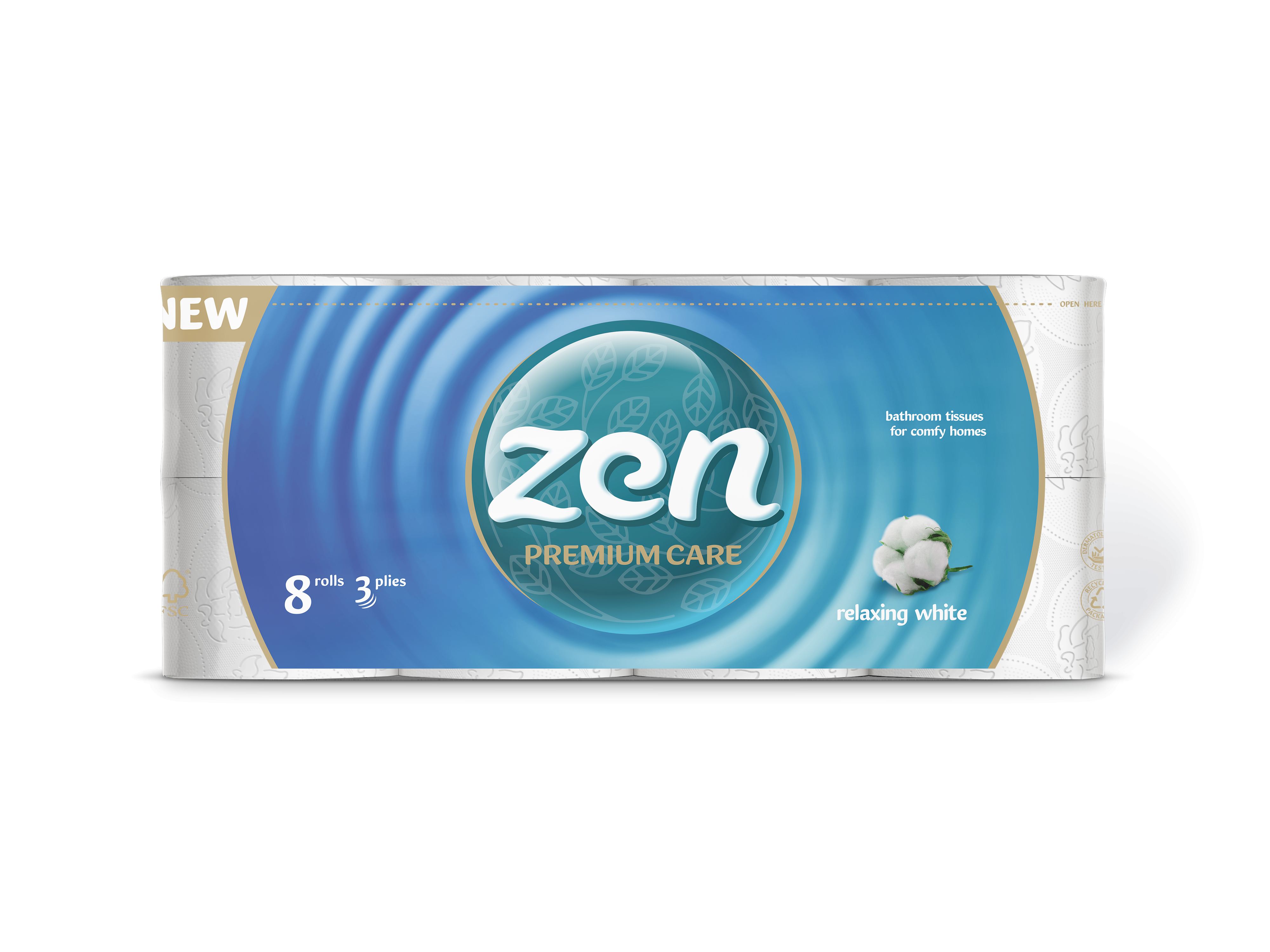 TOILET PAPER ZEN RELAXING WHITE 3-PLY, 8 ROLLS, 145 SHEETS - 19M