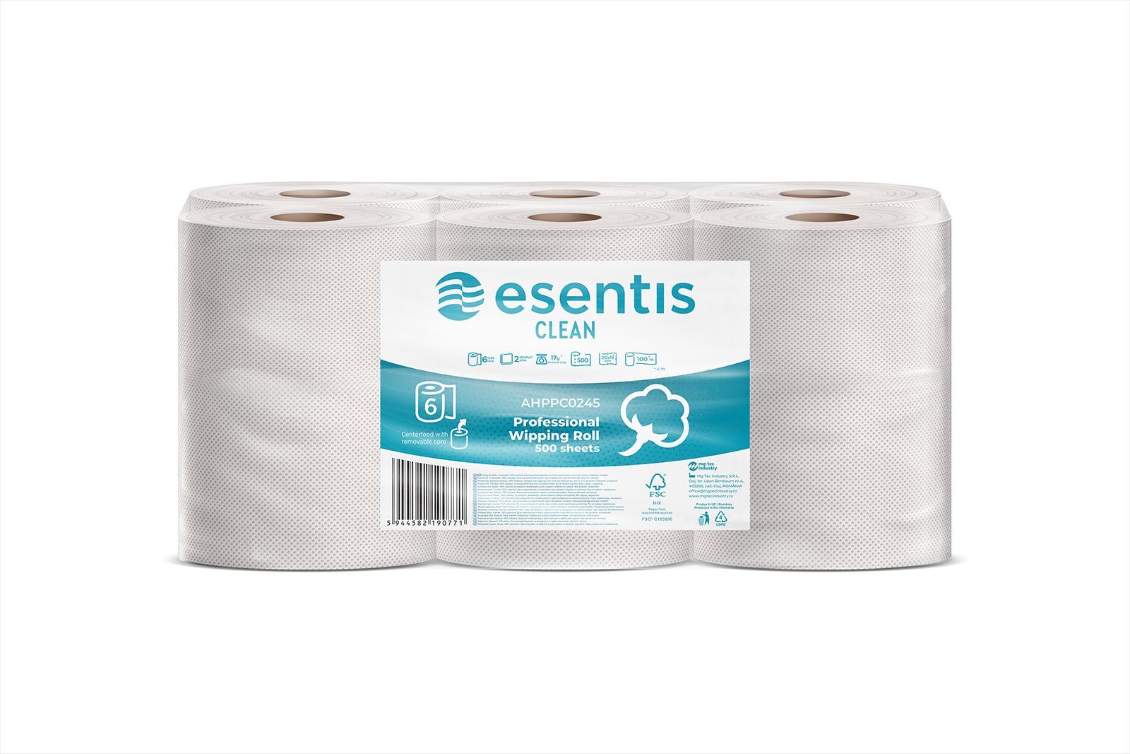 PROFESSIONAL TOWEL ESENTIS-CLEAN 2-PLY, 6 ROLLS, 500 SHEETS - 100M (CENTER PULL)